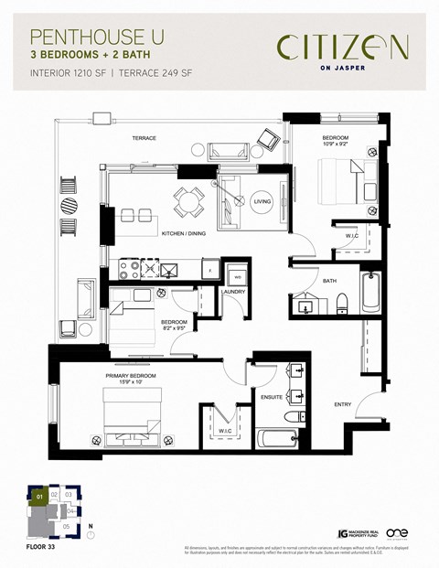 Floor plan for 3 beds, 2 baths, 1210 sqft